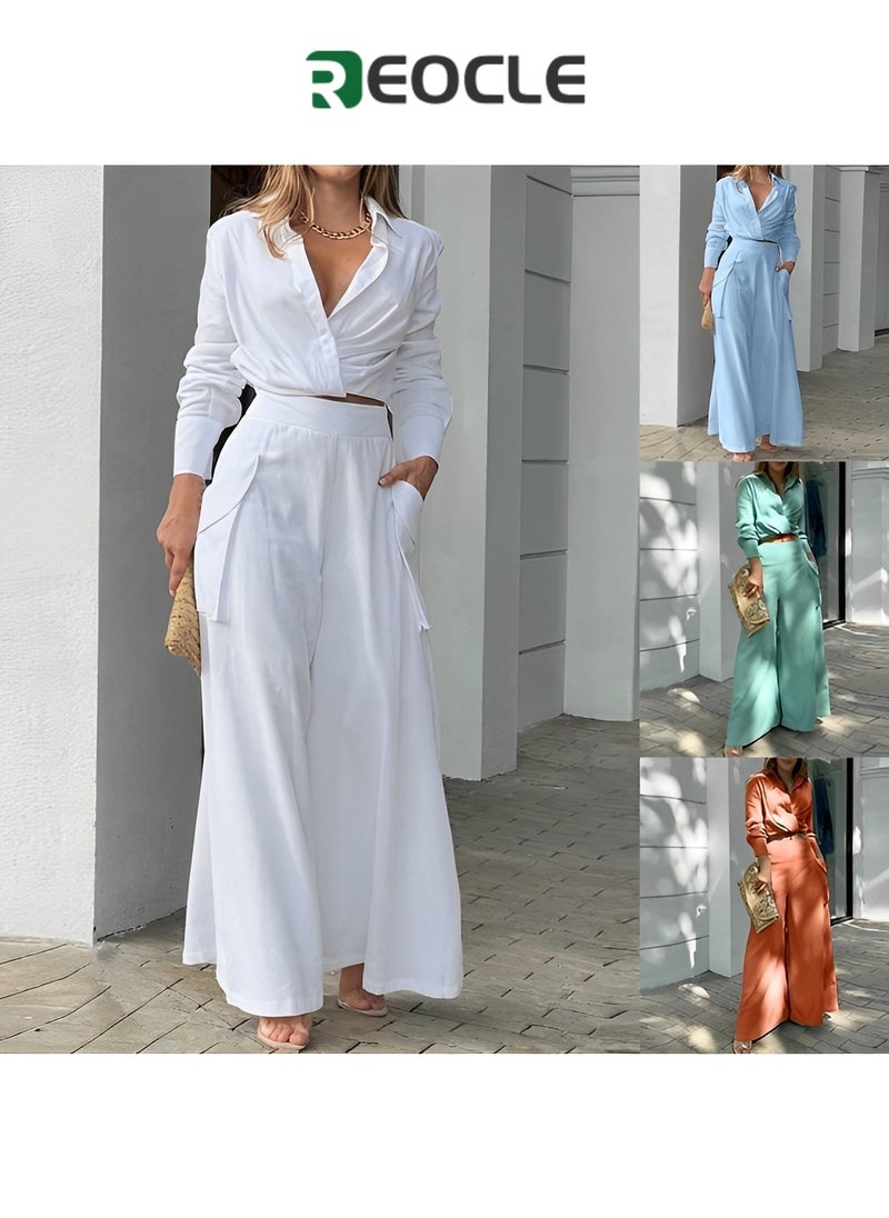 REOCLE - Spring and Autumn Women's Casual Two-piece Solid Color Temperament Commuting Loose Pocket Fashion Casual Suit Slim Waist - Image 1