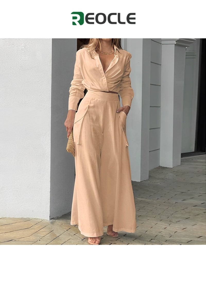 REOCLE - Spring and Autumn Women's Casual Two-piece Solid Color Temperament Commuting Loose Pocket Fashion Casual Suit Slim Waist - Image 1