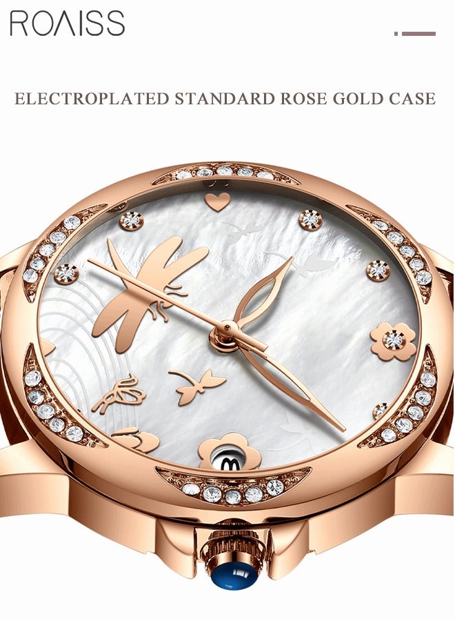 رويس ساعة كوارتز نسائية بسوار جلدي، ساعة بقرص مستدير مع زخرفة حجر الراين ونمط اليعسوب، ساعة أنيقة مقاومة للماء كهدية للنساء - Image 4