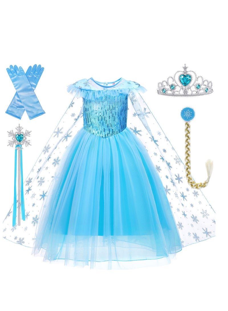 ميكسد زي ملكة الثلج، فستان الفتيات الحزب كوسبلاي فتاة الملابس ملكة الثلج عيد ميلاد الأميرة فستان الأطفال زي الزرقاء مع مجموعة الملحقات，140CM - Image 1