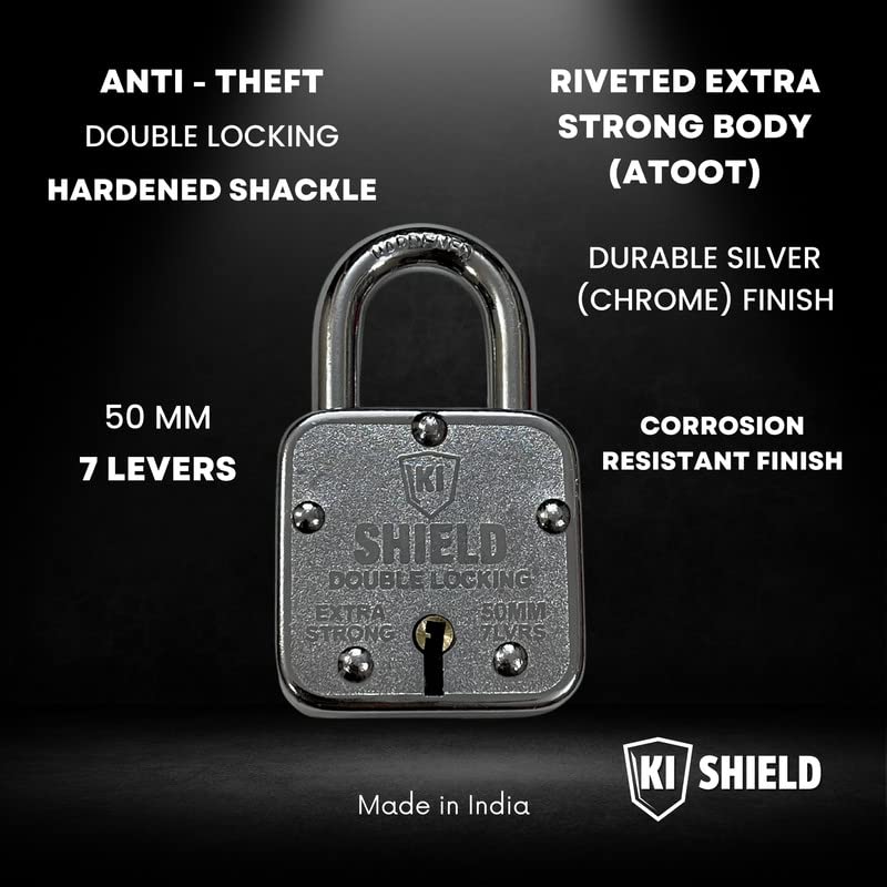 KI SHIELD قفل بادوك مفاتيح 50 مم 1005 مربع / قفل ثقيل من الصلب المقسى 8 رافعات مع 3 مفاتيح، مقاوم للعوامل الجوية ومضاد للصدأ، مضاد للقطع / قفل أمان عالي للخارج، البوابة، الستارة، التخزين، (1 قطعة) - Image 4
