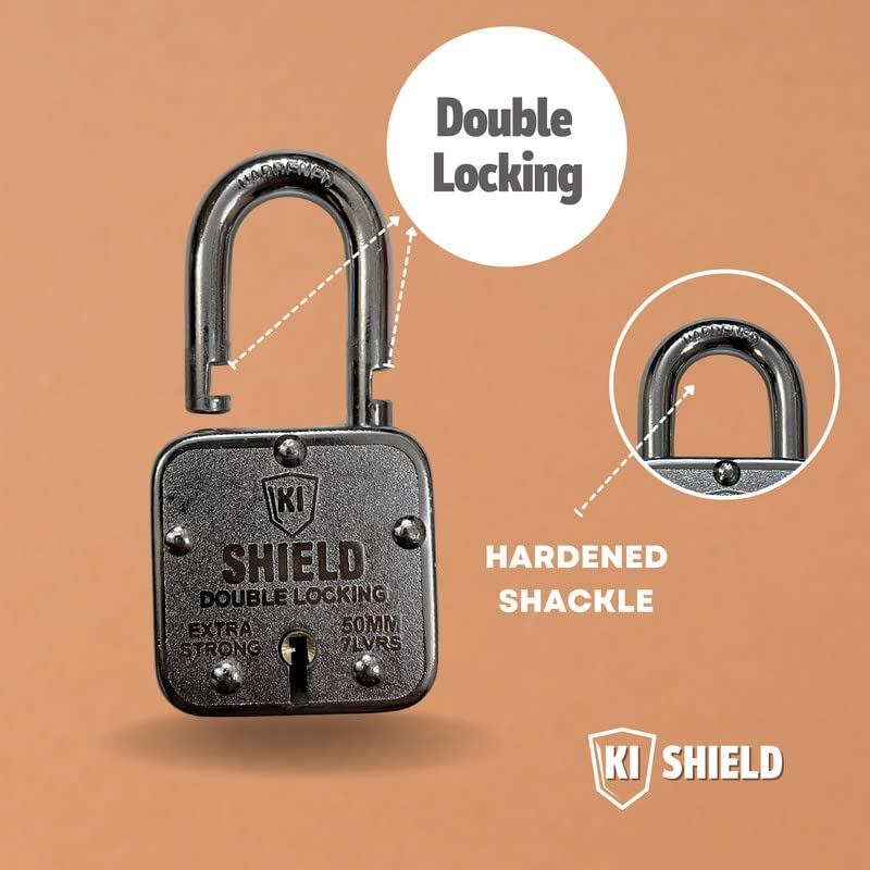 KI SHIELD قفل بادوك مفاتيح 50 مم 1005 مربع / قفل ثقيل من الصلب المقسى 8 رافعات مع 3 مفاتيح، مقاوم للعوامل الجوية ومضاد للصدأ، مضاد للقطع / قفل أمان عالي للخارج، البوابة، الستارة، التخزين، (1 قطعة) - Image 3
