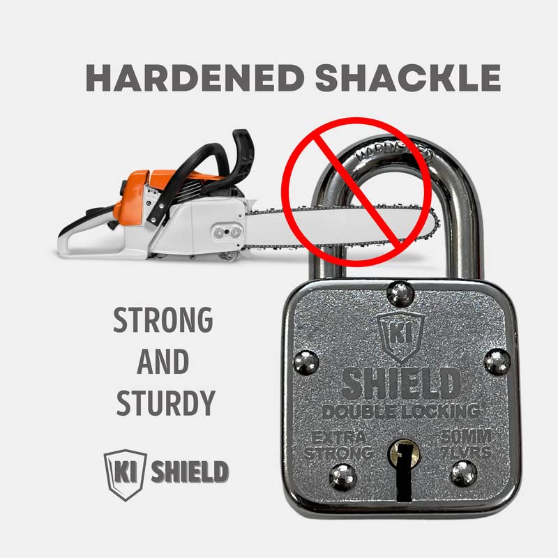 KI SHIELD قفل بادوك مفاتيح 50 مم 1005 مربع / قفل ثقيل من الصلب المقسى 8 رافعات مع 3 مفاتيح، مقاوم للعوامل الجوية ومضاد للصدأ، مضاد للقطع / قفل أمان عالي للخارج، البوابة، الستارة، التخزين، (1 قطعة) - Image 5