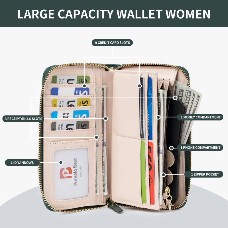 Pomelo Best Womens Wallet RFID Blocking Leather Multi Credit Card Large Capacity Wristlet Zip Around Long Wallets for Lady Dark Green - Image 3