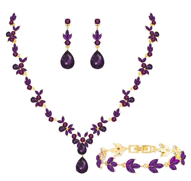Paxuan Bridal Wedding Elegant Floral Jewelry Set for Women/Brides/Bridesmaids Crystal Jewelry Set for Wedding Prom Party Bridal Crystal Necklace Earrings Bracelet Set - Image 1