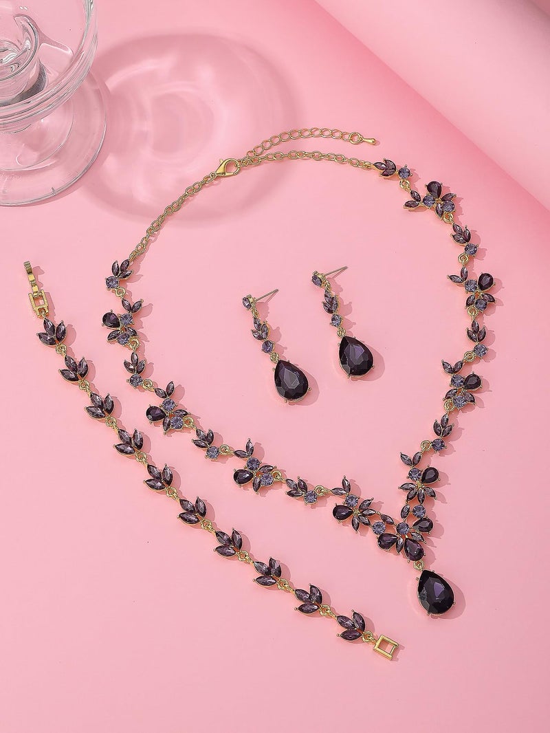 Paxuan Bridal Wedding Elegant Floral Jewelry Set for Women/Brides/Bridesmaids Crystal Jewelry Set for Wedding Prom Party Bridal Crystal Necklace Earrings Bracelet Set - Image 4