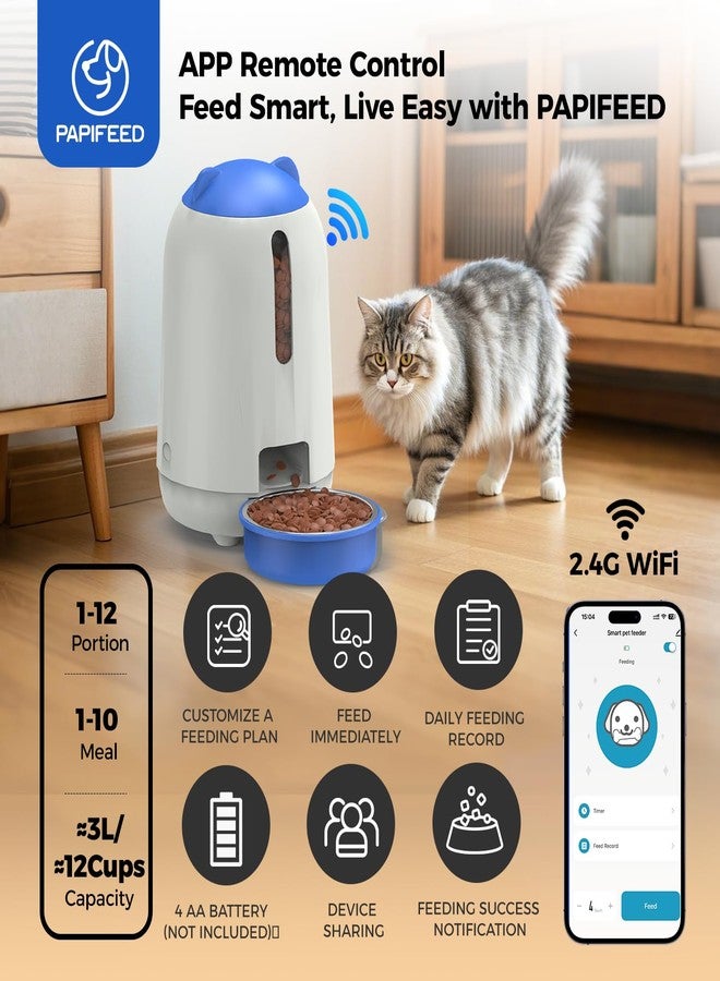 PAPIFEED Automatic Cat Feeder with App, 2.4G WiFi Cat Food Dispenser, 3L Timed Cat Feeders for Dry Food, 10 Meals/Day, 6 Portions/Meal, Dual Power Supply Smart Pet Feeder for Cat, Blue - Image 2