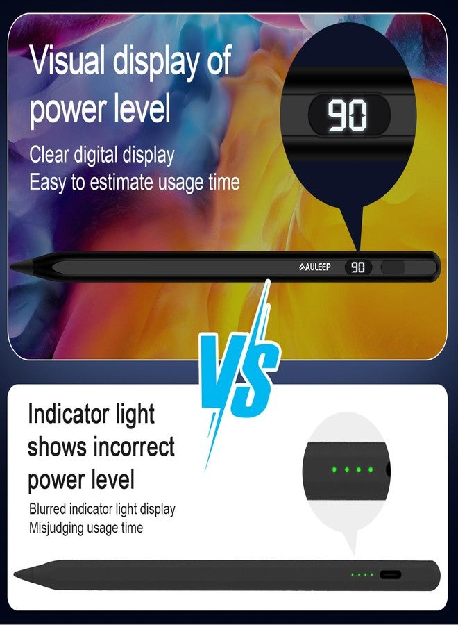 AULEEP قلم أويليب للآيباد 6-10، 11 A16 - حساسية الميل شحن أسرع، قلم ستايلس للآيباد برو 2018-2025 13"/12.9"/11"/M4، آير 11/13 M2/M3، آيباد ميني 7/6/5 (أسود و 3 رؤوس إضافية) - Image 3