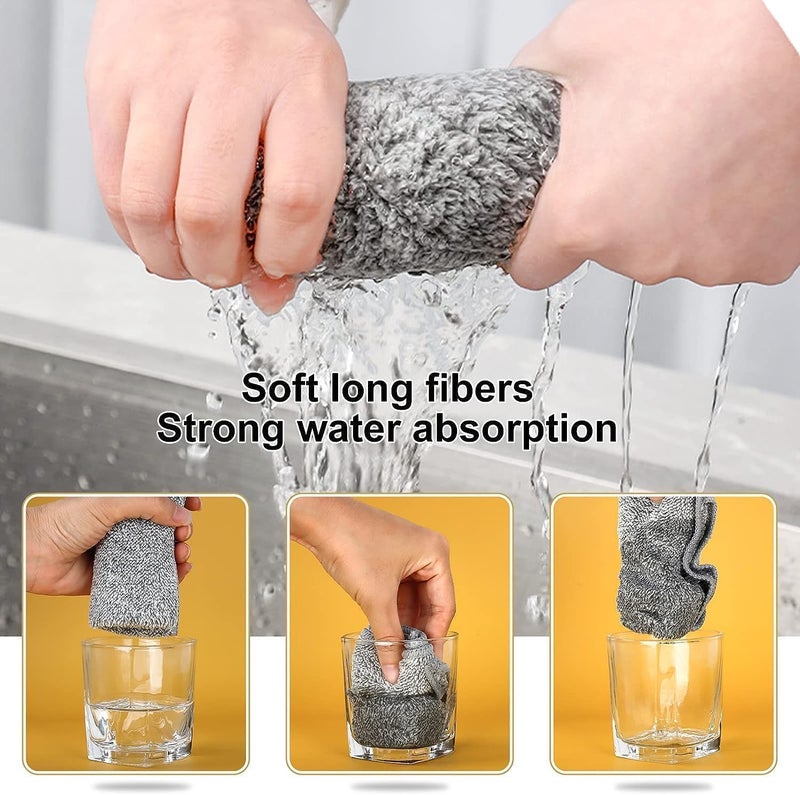 Aputue Kitchen Dish Towels, 12PCS Bamboo Charcoal Fiber Rags, Super Absorbent Quick Drying Reusable Cleaning Cloths for Washing Dishes, Lint Free Tea Towels with Soft Grey Terry Fabric - Image 2
