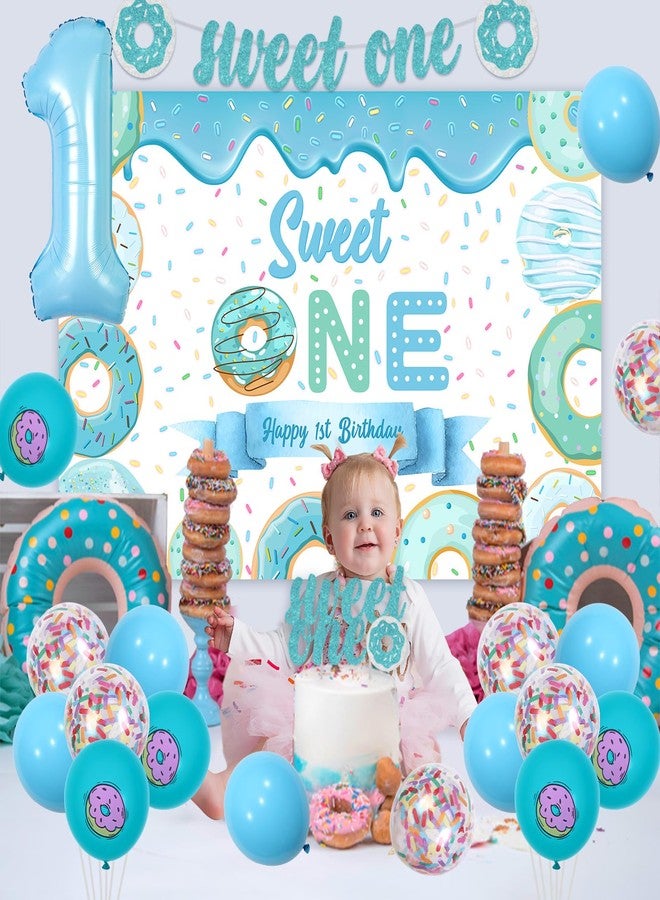 Balterever Sweet One Birthday Party Decorations - Blue Doughnut Backdrop Banner, Cake Topper, Highchair Banner, Donut Balloons for 1st Birthday Party Decorations for Boy - Image 3