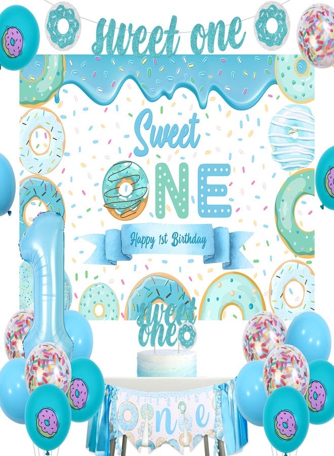 Balterever Sweet One Birthday Party Decorations - Blue Doughnut Backdrop Banner, Cake Topper, Highchair Banner, Donut Balloons for 1st Birthday Party Decorations for Boy - Image 1
