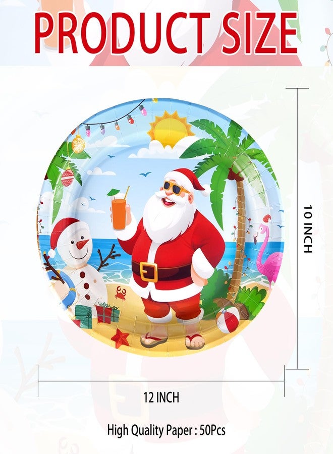 Grencian 50Pcs Summer Christmas Party Decorations Oval Cartoon Santa Plates Disposable Tableware Sets Supplies Favors for Kids Tropical Hawaiian Pool Beach Summer Christmas Party Decorations Serve 50 - Image 2