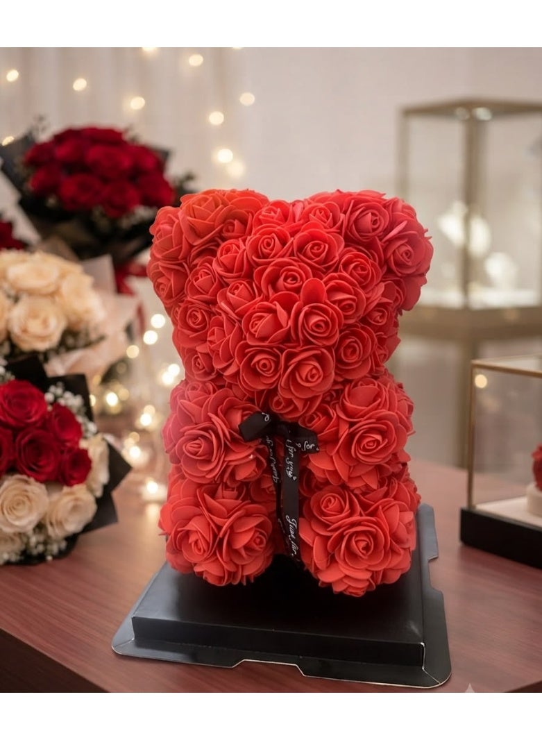 Rose Bear, Floral Teddy Bear, Gifts for Women, Handmade Rose Bear, Gift Box Included – Perfect for Valentine’s Day, Mother’s Day, Christmas, Thanksgiving, and Anniversaries (Red, with Base) - Image 1
