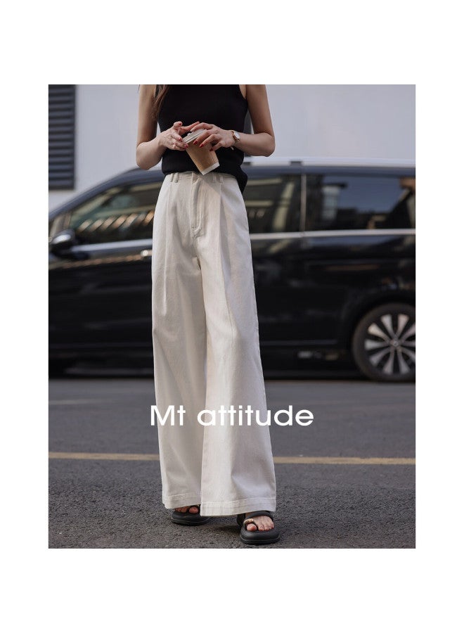 Mt Autumn Elegant Loose White Pure Cotton Wide-leg Pants, Natural White, M - Image 1
