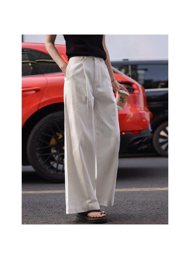 Mt Autumn Elegant Loose White Pure Cotton Wide-leg Pants, Natural White, M - Image 4