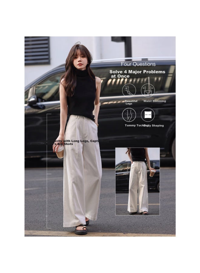 Mt Autumn Elegant Loose White Pure Cotton Wide-leg Pants, Natural White, M - Image 2
