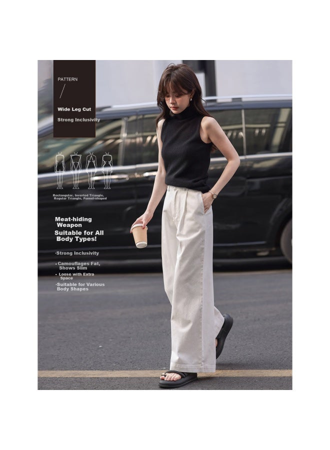 Mt Autumn Elegant Loose White Pure Cotton Wide-leg Pants, Natural White, M - Image 3