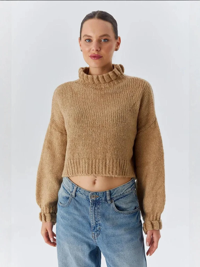 Mixray Tan Natural Mixray Thick Turtleneck Textured Crop Sweater for Women | Best Price UAE