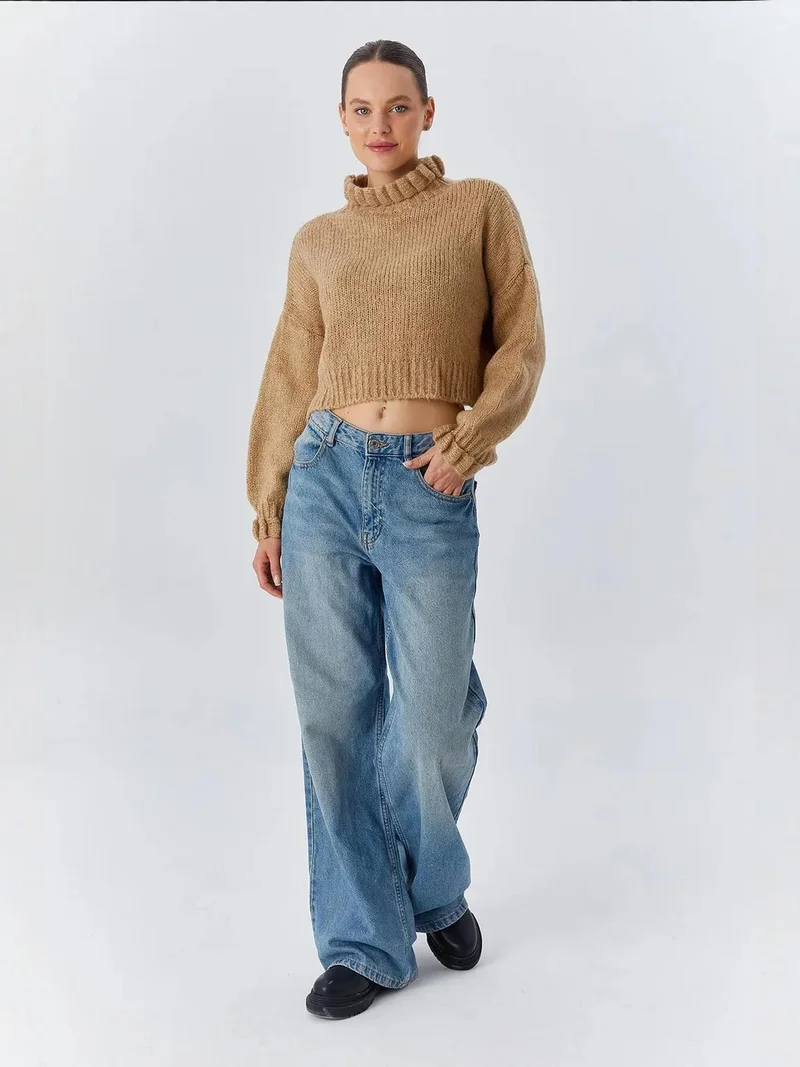 Mixray Tan Natural Mixray Thick Turtleneck Textured Crop Sweater for Women | Best Price UAE