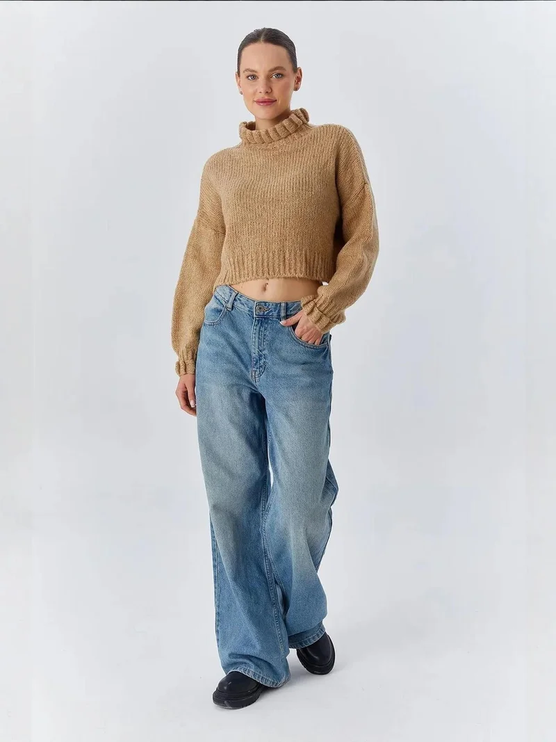 Mixray Tan Natural Mixray Thick Turtleneck Textured Crop Sweater for Women | Best Price UAE