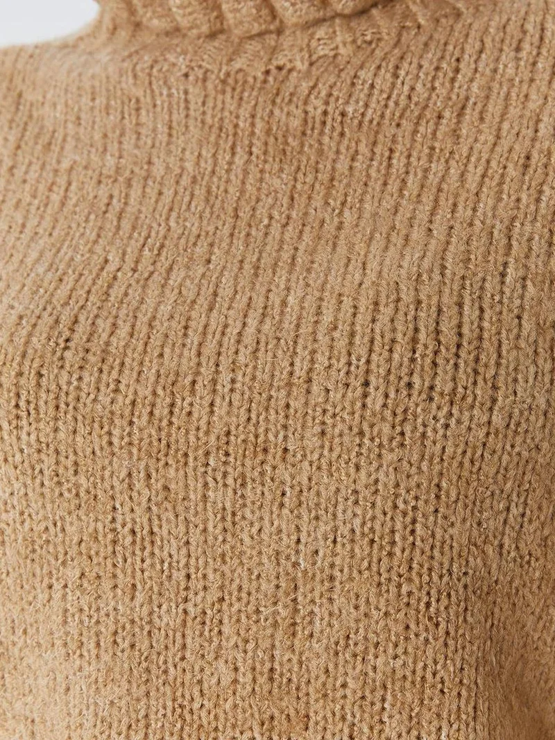 Mixray Tan Natural Mixray Thick Turtleneck Textured Crop Sweater for Women | Best Price UAE