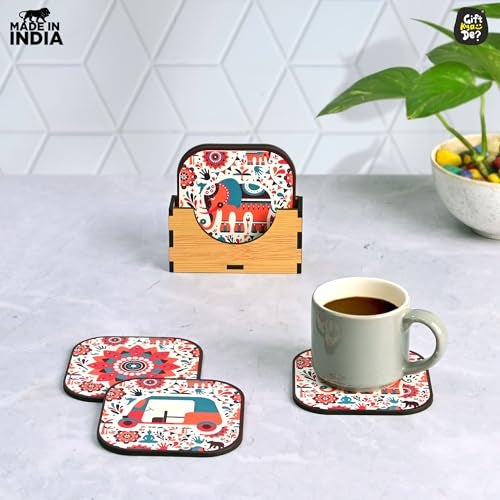 Gift Kya De GKD Coaster Set of 6 Vibrant India Theme Design Wooden Coasters to Serve Tea Cups, Coffee Mugs and Glasses (3.5 x 3.5 inch) (Square) (Ecofriendly) - Image 4