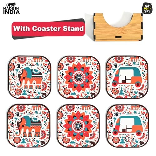 Gift Kya De GKD Coaster Set of 6 Vibrant India Theme Design Wooden Coasters to Serve Tea Cups, Coffee Mugs and Glasses (3.5 x 3.5 inch) (Square) (Ecofriendly) - Image 2