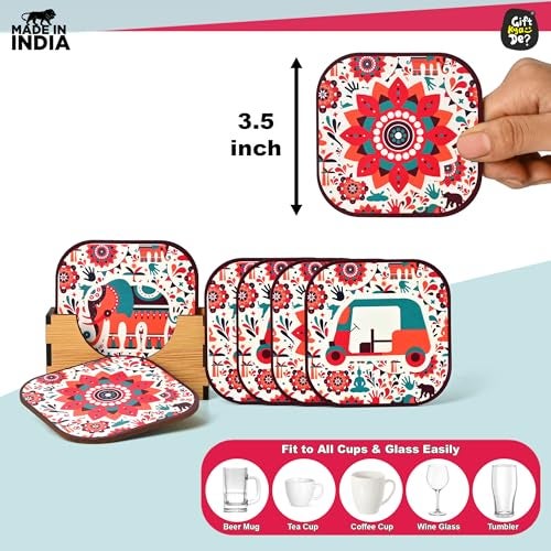Gift Kya De GKD Coaster Set of 6 Vibrant India Theme Design Wooden Coasters to Serve Tea Cups, Coffee Mugs and Glasses (3.5 x 3.5 inch) (Square) (Ecofriendly) - Image 3