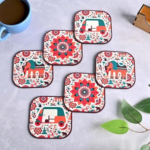 Gift Kya De GKD Coaster Set of 6 Vibrant India Theme Design Wooden Coasters to Serve Tea Cups, Coffee Mugs and Glasses (3.5 x 3.5 inch) (Square) (Ecofriendly) - Image 1
