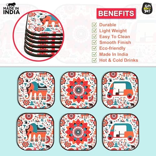 Gift Kya De GKD Coaster Set of 6 Vibrant India Theme Design Wooden Coasters to Serve Tea Cups, Coffee Mugs and Glasses (3.5 x 3.5 inch) (Square) (Ecofriendly) - Image 5