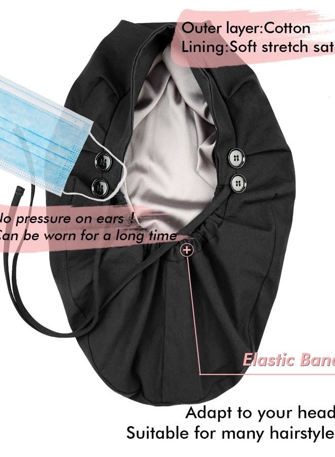 Winitas Silk Lined Work Cap with Button for Long Ponytail Hair Women Black - Image 3