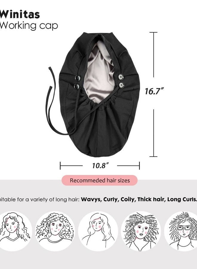 Winitas Silk Lined Work Cap with Button for Long Ponytail Hair Women Black - Image 5