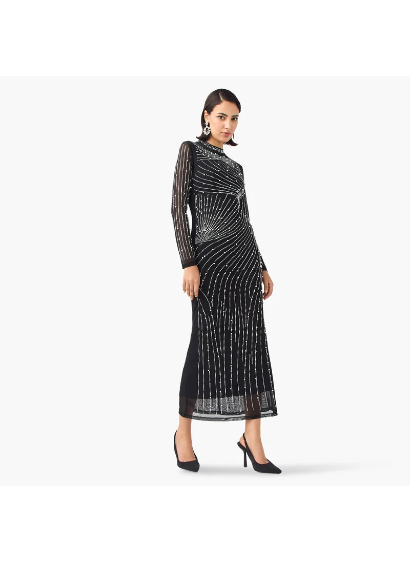 2Xtremz 2Xtremz Mesh Embellished Dress with Long Sleeves and High Neck