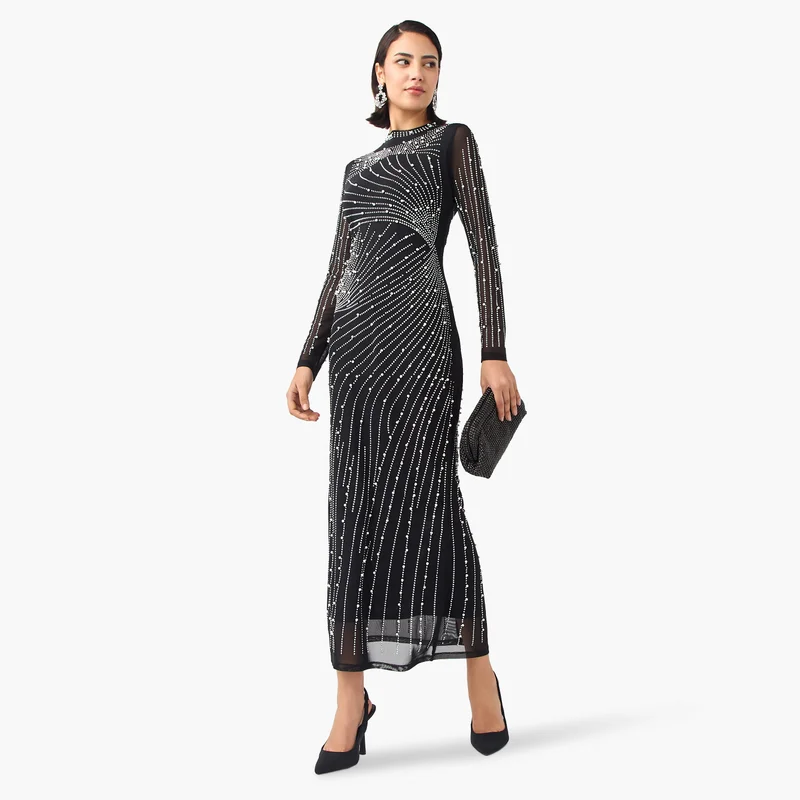 2Xtremz 2Xtremz Mesh Embellished Dress with Long Sleeves and High Neck
