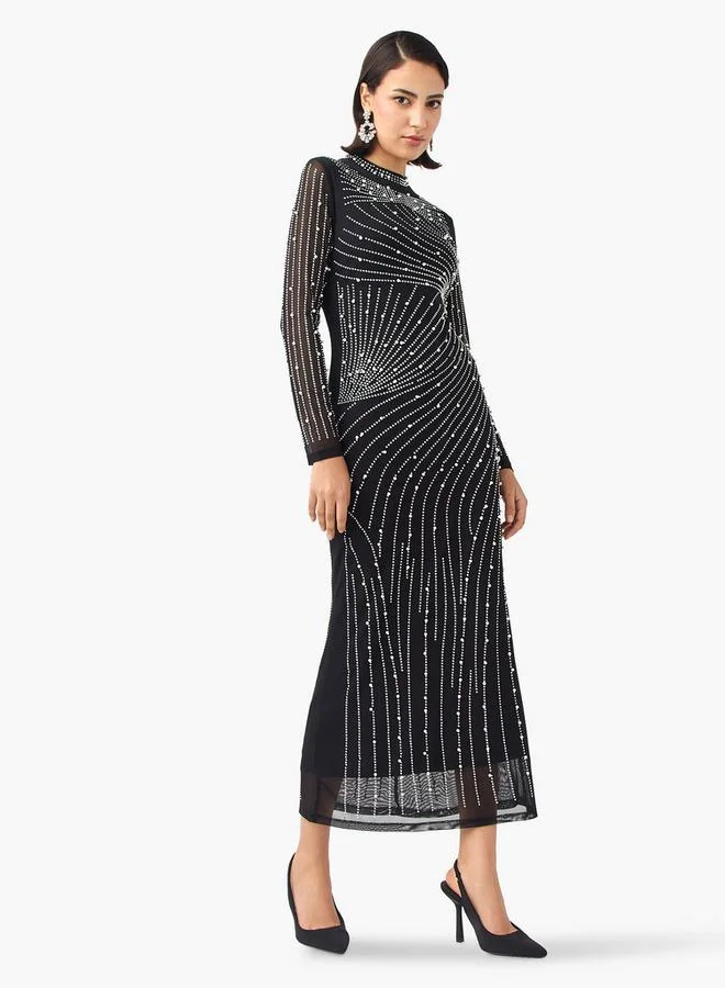 2Xtremz 2Xtremz Mesh Embellished Dress with Long Sleeves and High Neck