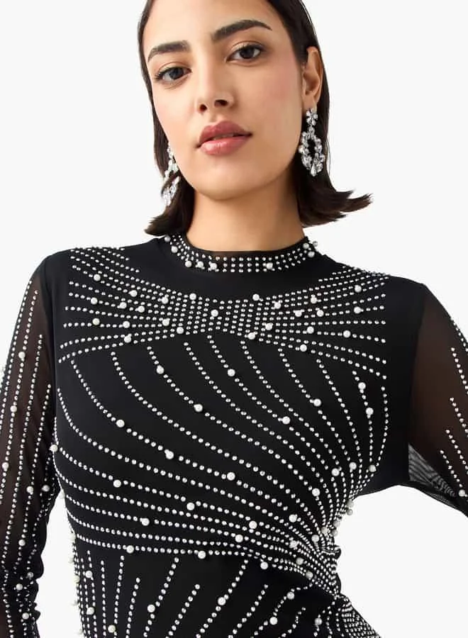 2Xtremz 2Xtremz Mesh Embellished Dress with Long Sleeves and High Neck