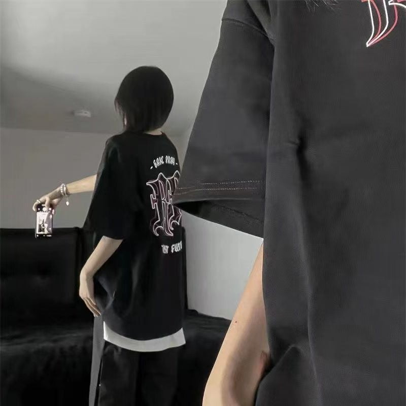 100% Cotton American Retro Oversize Short-Sleeved T-Shirt Couple Summer Ins National Tide Brand High Street Large Edition - Image 1