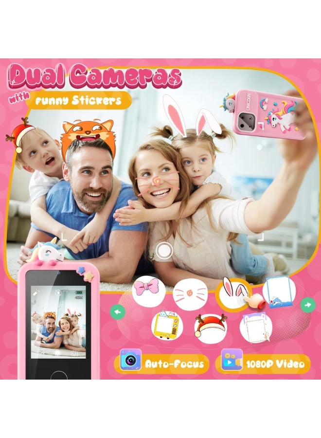 هاتف أطفال ذكي للفتيات، هدايا ألعاب على شكل وحيد قرن للفتيات من عمر ٣-٩ سنوات، هدايا عيد الميلاد والكريسماس، ألعاب هاتف ذكي صغير بشاشة لمس ٢.٨ إنش، ١٦ لعبة تعليمية، كاميرا مزدوجة، مشغل موسيقى، بطاقة ذاكرة ٨ جيجابايت - Image 3