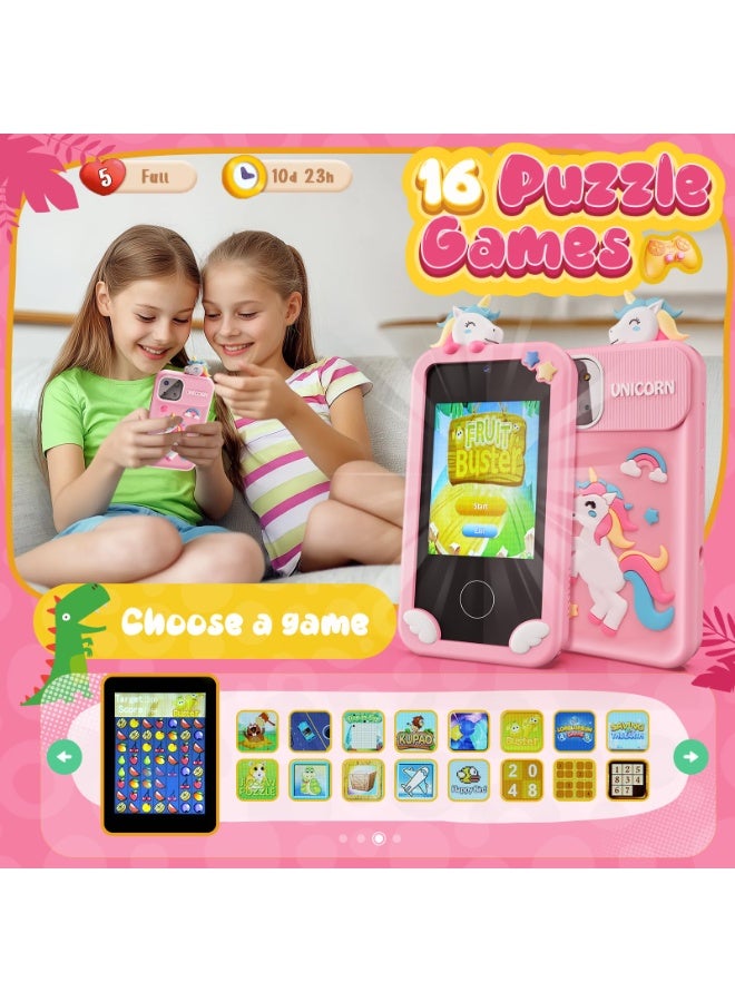 هاتف أطفال ذكي للفتيات، هدايا ألعاب على شكل وحيد قرن للفتيات من عمر ٣-٩ سنوات، هدايا عيد الميلاد والكريسماس، ألعاب هاتف ذكي صغير بشاشة لمس ٢.٨ إنش، ١٦ لعبة تعليمية، كاميرا مزدوجة، مشغل موسيقى، بطاقة ذاكرة ٨ جيجابايت - Image 4