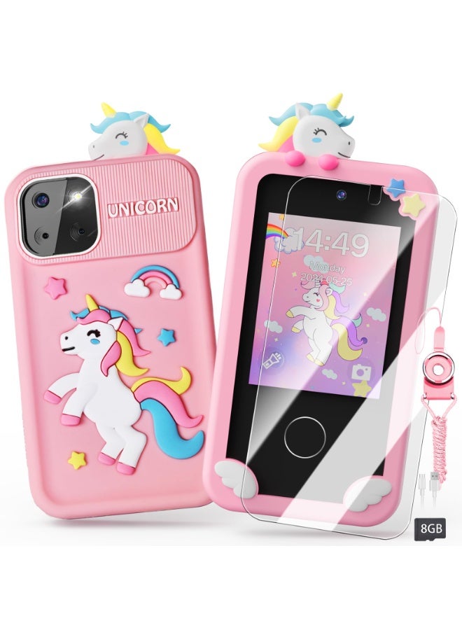 هاتف أطفال ذكي للفتيات، هدايا ألعاب على شكل وحيد قرن للفتيات من عمر ٣-٩ سنوات، هدايا عيد الميلاد والكريسماس، ألعاب هاتف ذكي صغير بشاشة لمس ٢.٨ إنش، ١٦ لعبة تعليمية، كاميرا مزدوجة، مشغل موسيقى، بطاقة ذاكرة ٨ جيجابايت - Image 1