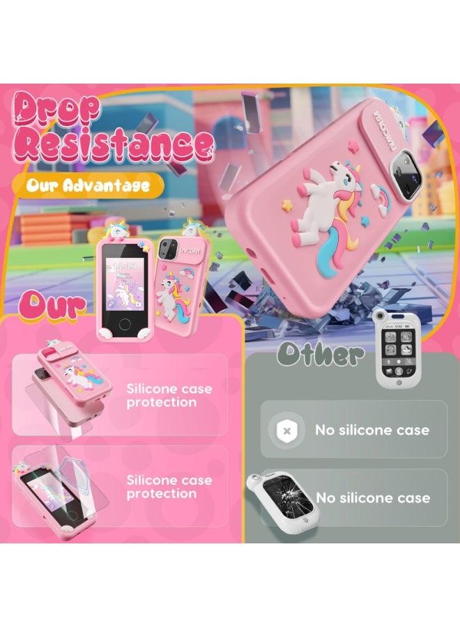 هاتف أطفال ذكي للفتيات، هدايا ألعاب على شكل وحيد قرن للفتيات من عمر ٣-٩ سنوات، هدايا عيد الميلاد والكريسماس، ألعاب هاتف ذكي صغير بشاشة لمس ٢.٨ إنش، ١٦ لعبة تعليمية، كاميرا مزدوجة، مشغل موسيقى، بطاقة ذاكرة ٨ جيجابايت - Image 5