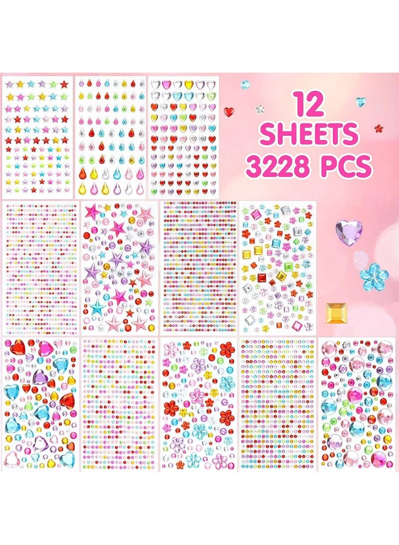 saykfoe [3228 Pcs] Gem Stickers Jewels Crafts, 12 Sheets Self-Adhesive Rhinestone Jewel Stickers, Acrylic Face Bedazzling Gems Stick on, DIY Jewel Sticker for Face Makeup, Body, Eyes, Hair, Nails, Crafts - Image 2