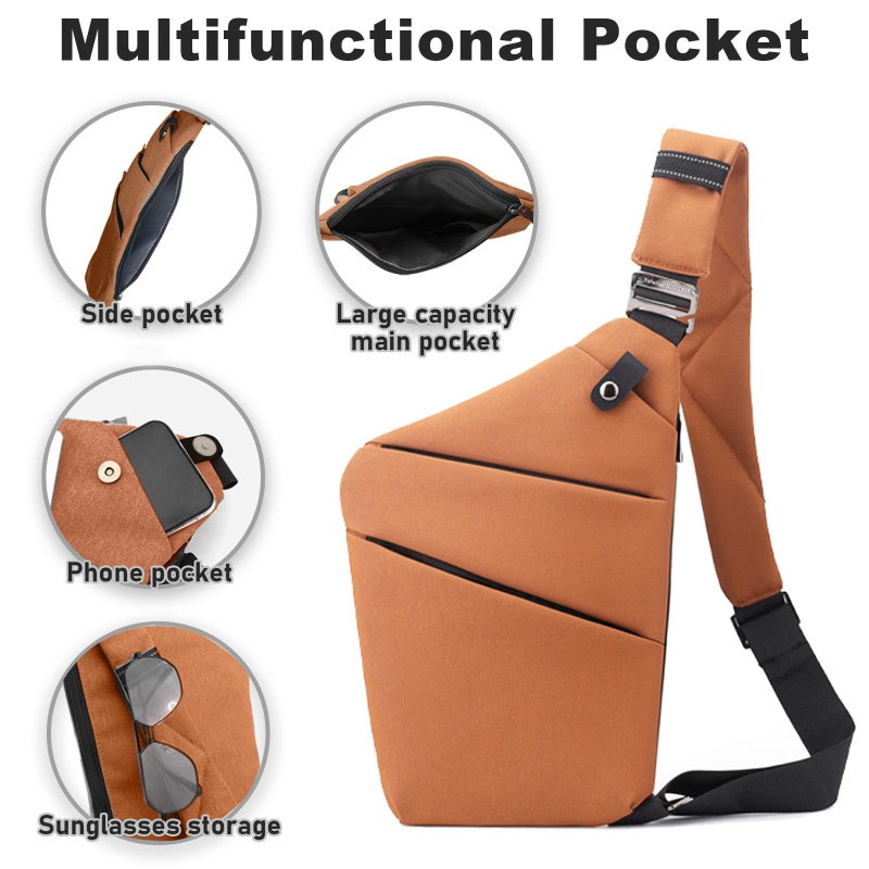 BIRDDIE Anti Theft Travel Bag, One Shoulder Large Capacity Cross-body Bag Chest Fashion Lightweight Sling Bags for Travel Sports (Right Shoulder, Brown) - Image 2
