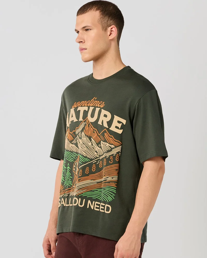 بيواكوف تيشيرت رجالي كبير بطبعة أوراق العنب الخضراء الطبيعية