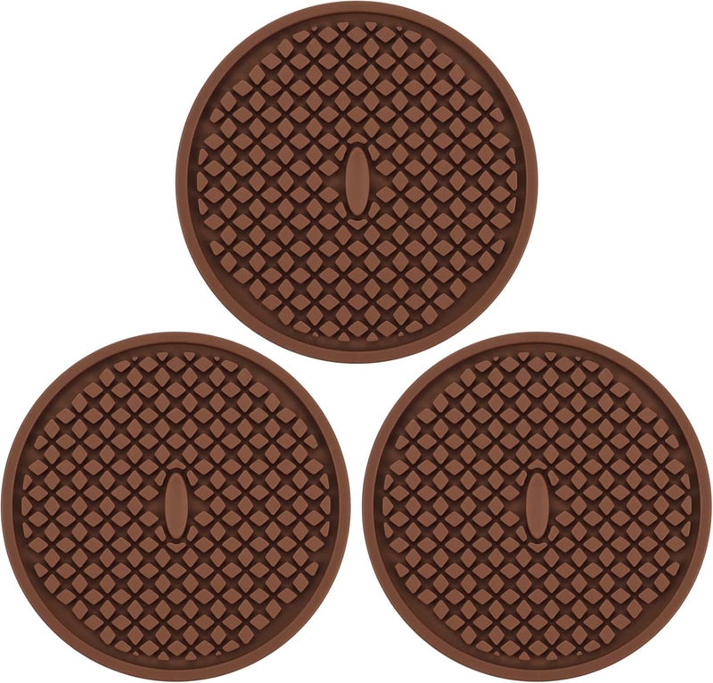 CAETOUNG 3 Pack Silicone Coasters for Drinks, Thickened Coaster with Deep Tray Grooved Design Cup Mat, Washable Heat Resistant Durable Non-Slip Coasters for Coffee Table Wooden Desk Kitchen Bar (Brown) - Image 1