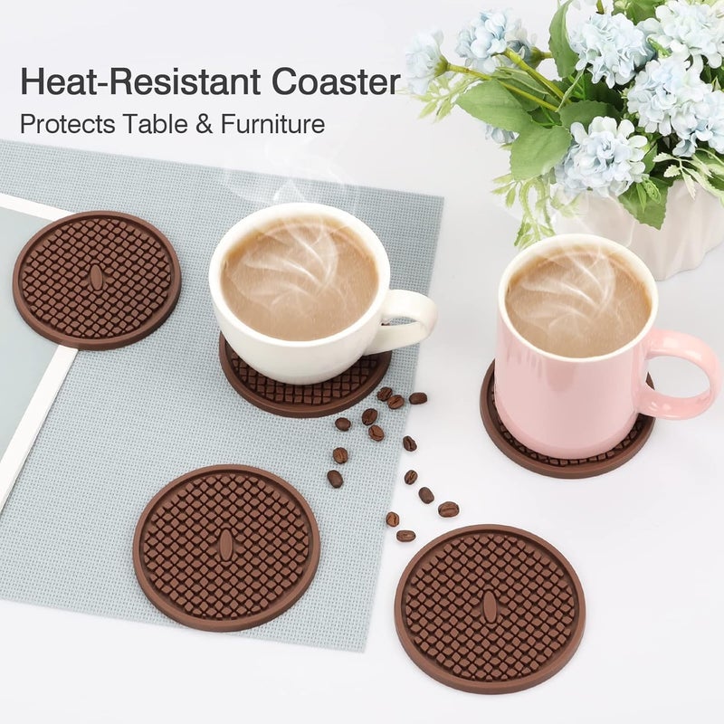CAETOUNG 3 Pack Silicone Coasters for Drinks, Thickened Coaster with Deep Tray Grooved Design Cup Mat, Washable Heat Resistant Durable Non-Slip Coasters for Coffee Table Wooden Desk Kitchen Bar (Brown) - Image 4