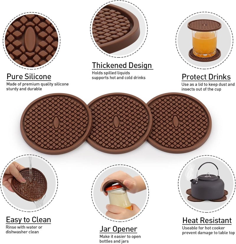 CAETOUNG 3 Pack Silicone Coasters for Drinks, Thickened Coaster with Deep Tray Grooved Design Cup Mat, Washable Heat Resistant Durable Non-Slip Coasters for Coffee Table Wooden Desk Kitchen Bar (Brown) - Image 2