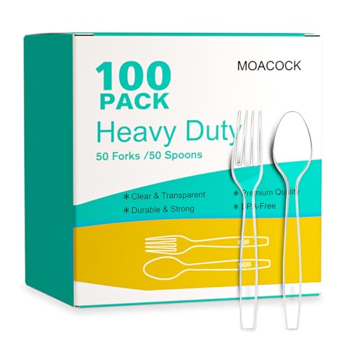 MOACOCK 100 Count Plastic Silverware, Heavy Weight Plastic Forks Spoons Disposable Utensils Cutlery Set for Wedding Party Supplies Everyday Use - Image 1