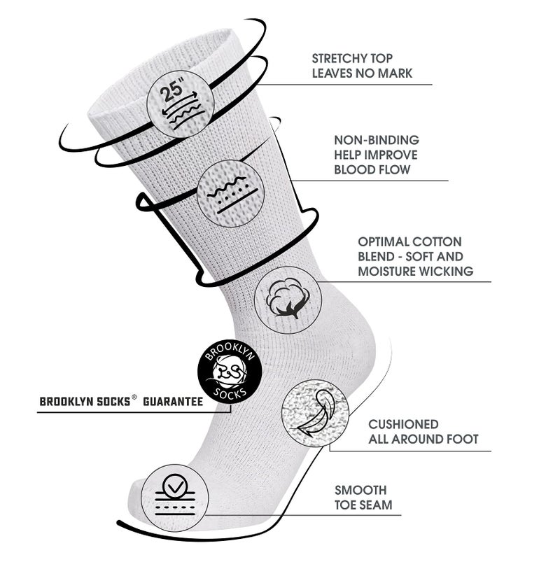 Brooklyn Socks Big and Tall - 6 pairs of Diabetic Cotton Neuropathy Crew Socks, King Size Mens Athletic Crew Socks (13-16, White) - Image 2
