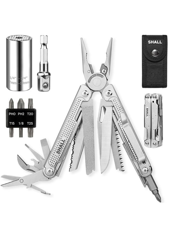 SHALL Multi Tool, 18-in-1 Multitool Pliers, Stainless Steel Multi-tool Pocket Knife w/Screwdriver Bit, Self-locking Multipurpose Tool w/Sheath for Camping Fishing Survival Hunting - Image 1